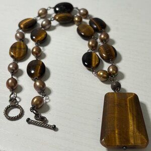 Natural Tiger's Eye and Bronze Pearl Statement Pendant Necklace Toggle Clasp